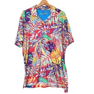 Robert Graham Polo Shirt V-Neck Tropical Short Sleeve Linen Cotton Men's Large
